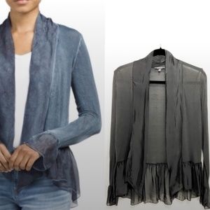 Italian Made Silk Peplum Open Front Ruffle Cuff Charcoal Cardigan S